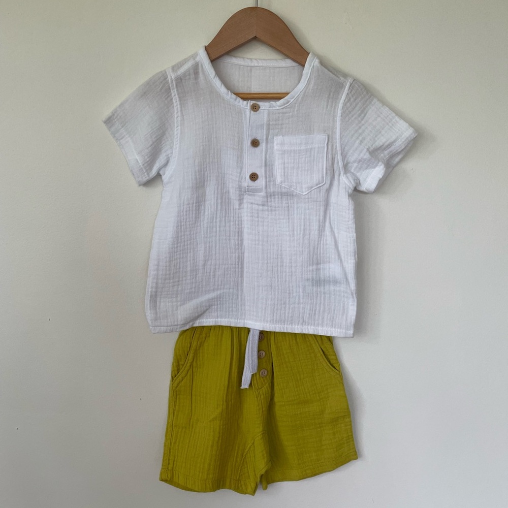 Milon White Short-Sleeve Henley Top and Chartreuse Shorts Set